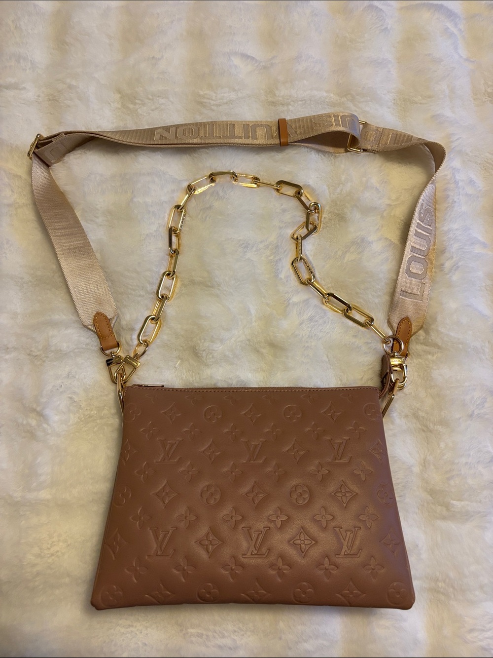 Blush Brown Monogram Embossed Crossbody Bag with Gold Chain